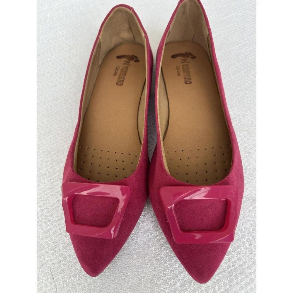Pe Vermelho Magenta Pink Pointed Toe Buckle Flats Shoes Made in Brazil Size 8